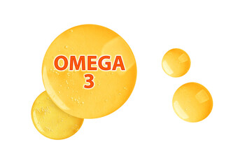 Yellow drops of Omega-3 on white background