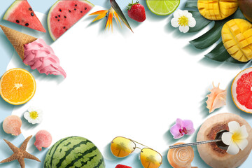 Summer vibe card or party invitation with space for text. Frame of different fruits on color...