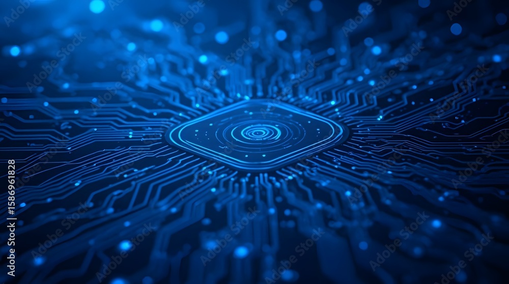 Poster blue digital technology background features circuit board pattern and futuristic data transfer
