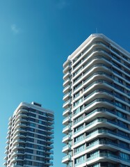 Fototapeta premium Modern apartment buildings with curved balconies against clear blue sky. Structures feature contemporary architecture, offer residential living spaces in urban environment. Sunny weather emphasizes