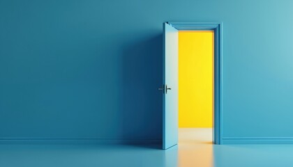 Open blue door bright yellow room interior. Clean, simple, geometric illustration offers concept of opportunity, future, hope, transition. Bright light emanates from space, new beginnings, positive