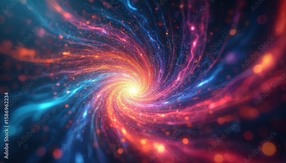 Aufkleber abstract digital art features vibrant swirl of cosmic energy with glowing red, blue, and pink partic