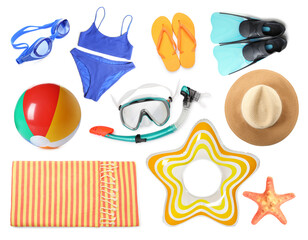 Different stylish beach accessories and starfish on white background, collage