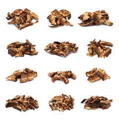 Piles of dried mushrooms isolated on white, set