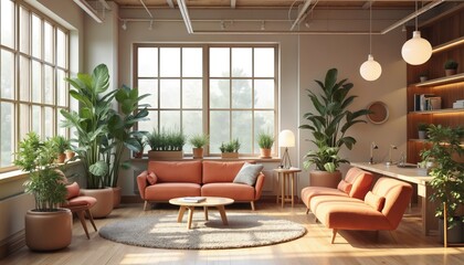 Bright coworking space with communal desks, sofas, potted plants under large windows. Natural light fills room, creating welcoming atmosphere for remote work relaxation. Features modern decor, warm