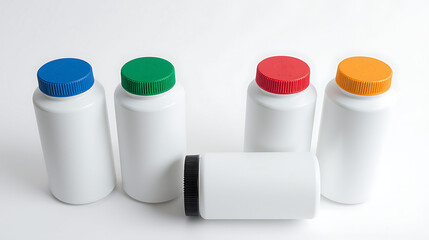 Colorful tops brighten a set of white plastic bottles, showcasing containers ready for diverse contents, whether liquid, powder, or granules, ideal for health, beauty, or chemical products.