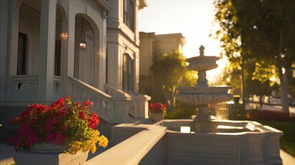 Fototapeta premium Elegant Victorian Style House with Fountain and Flower Pots in Sunset Light