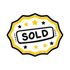 Hand Drawn Sold Stamp Icon: A Playful and Unique Design with Stars and a Yellow Border on a Transparent Background, Ideal for Creative Projects and Marketing