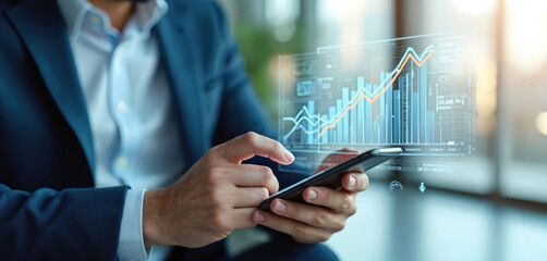 Businessman uses smartphone to analyze financial data, investment growth, market trends with AI technology. Features innovative solutions for business strategy, economic performance, wealth