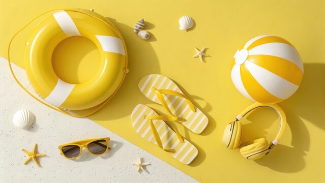Bright yellow beach essentials arranged on a sunny yellow background