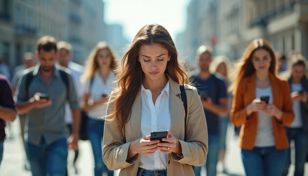 Crowd of people walks down sunny city street, each absorbed in their mobile phones. This scene highlights modern life digital immersion, constant connectivity, and potential social media obsession.