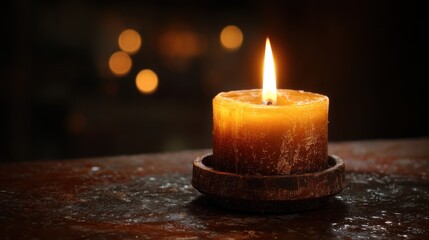 Lit candle on dark surface