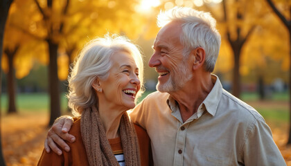 Happy senior couple smiles and walks together in a park. Their loving connection is evident as they enjoy retirement outdoors, sharing laughter and togetherness amid autumn foliage. Healthy lifestyle.