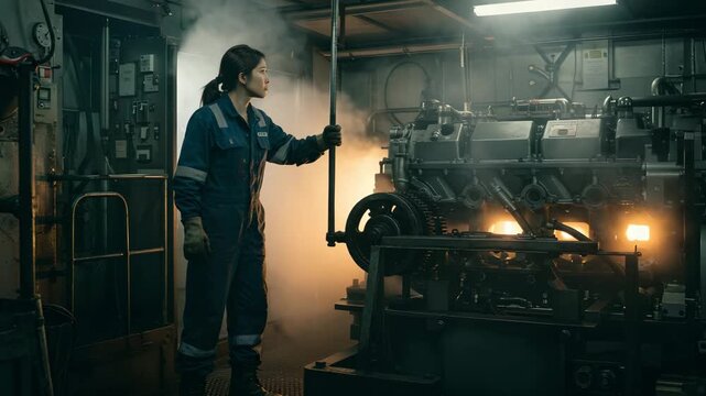 Factory Worker Operating Heavy Machinery