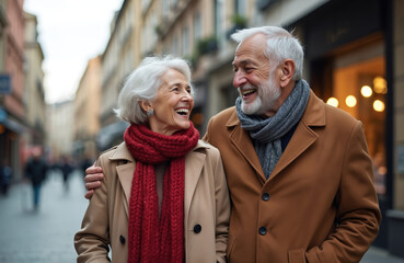 Happy senior couple strolls through European city street, sharing laughter, conversation. Warm coats, scarves suggest autumn winter weather. Moment captures enduring love, joyful companionship during