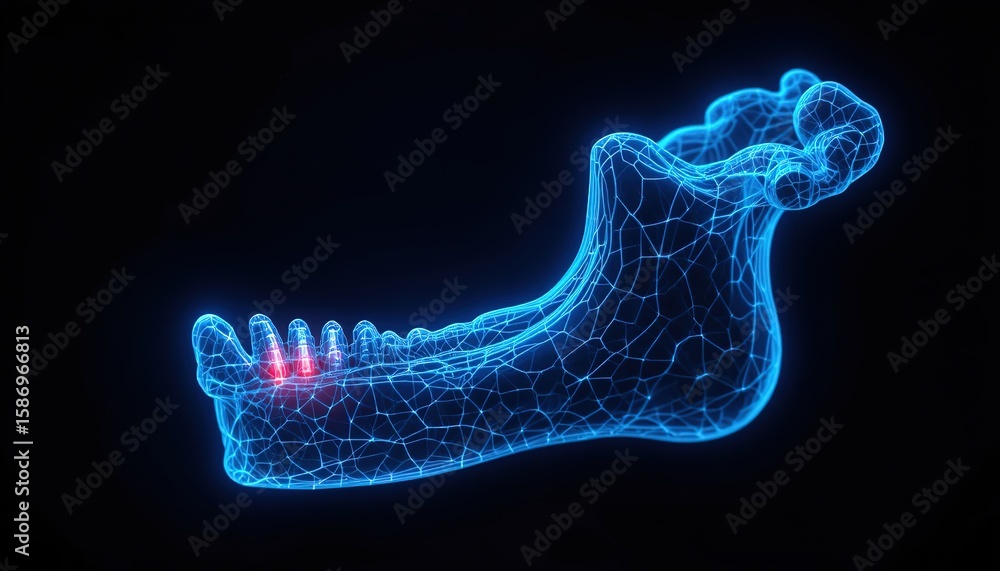 Poster 3d model of a jawbone with highlighted teeth.