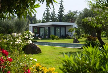 A modern house with a swimming pool and lush landscaping.