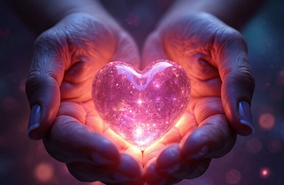 Illustration of radiant heart held in hands against cosmic background. Glowing neon heart symbolizes deep love, universal connection, tender care. Vibrant purple, blue hues with sparkling stars.