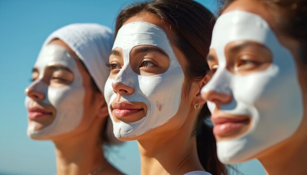 Three young women with face masks enjoy sunlight outdoors. Diverse friends focus on skincare, wellness, and natural beauty. This image highlights summer, relaxation, and togetherness on a sunny beach.