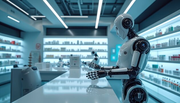 Futuristic pharmacy features robotic arms dispensing medicine in modern, bright, sterile environment with shelves of pharmaceutical products. Advanced automation, AI technology for health care,