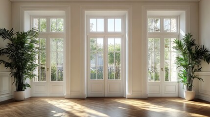 Fototapeta premium Elegant interior with french doors, herringbone wood floor, and potted palm trees evoking a sense