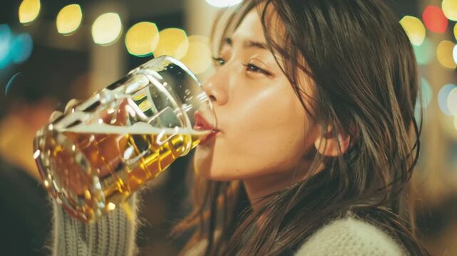 A beautiful young woman drinks a glass of beer with blurred lights in the background.