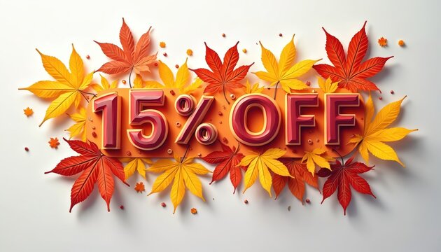 Bold 15 percent off discount promotion with vibrant autumn maple leaves in paper-cut style. Warm yellow and red colors on clean white background. Number symbol typography for seasonal retail sale.