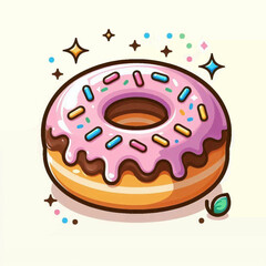A cartoon donut with pink frosting colorful sprinkles  a brown glaze sparkles around it