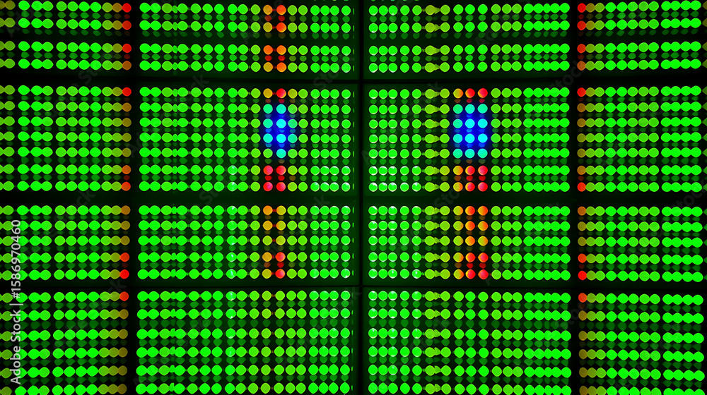 Poster array of glowing dots with green color dominance and some blue and red dots forming an abstract grid