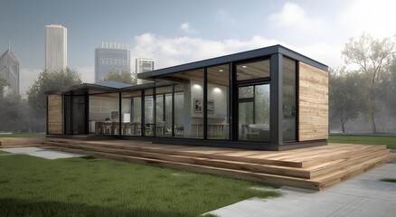 Fototapeta premium Modern, contemporary tiny house with a city view.