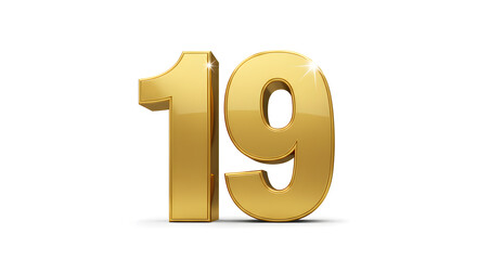 Shiny Gold Number Nineteen Isolated on White Background