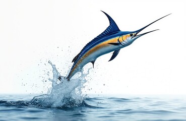 Majestic marlin leaps from ocean water, creating dynamic splash. Powerful fish, blue, gold hues, captured mid-air against white background. Sportfishing adventure, nature raw energy, aquatic wildlife.