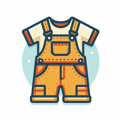 A cartoon of a childs outfit features tan overalls over a cream tshirt set against a light blue circle