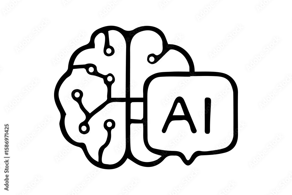 Poster the image is a black and white line art icon that combines a brain motif with a speech bubble contai