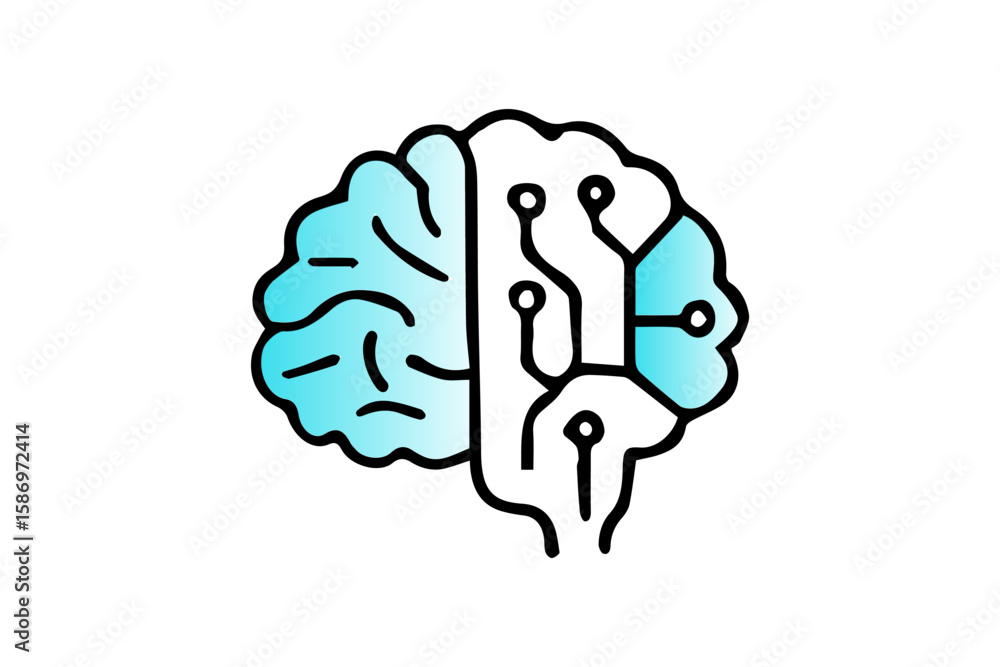 Poster the image is a stylized icon of a human brain, split vertically into two distinct halves, presented 