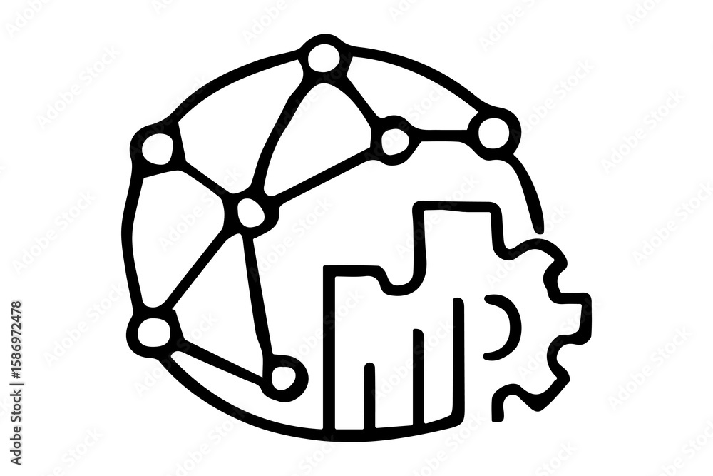 Poster the image is a black and white line art icon that combines elements of a global network and a proces