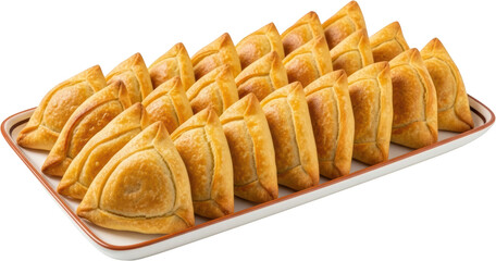 Golden baked empanadas neatly arranged on a white platter isolated pastry transparent background