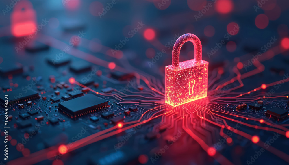 Aufkleber digital cyber security concept features glowing padlock on circuit board with neon network connectio