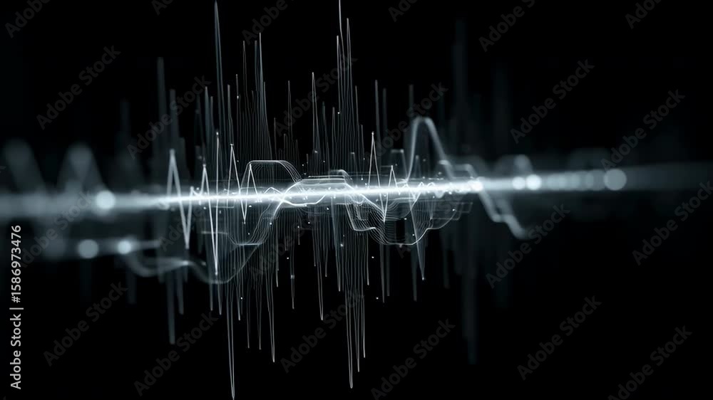 Poster close-up animation, white waveform equalizer pulsating on a black background, representing voice rec