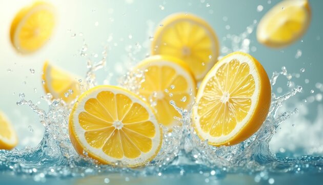 Fresh lemon slices splash into clear water creating vibrant motion. Bright yellow citrus fruit, natural ingredients for drinks, cooking. Healthy refreshment, vitamin C boost. Juicy splashes, bubbles,