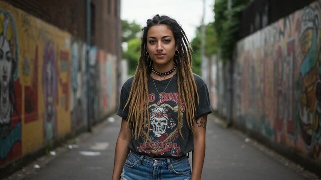 Confident young mixed-race woman with dreadlocks and alternative style. Edgy female posing in an urban alleyway with colorful graffiti art.