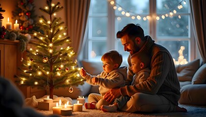 Father and little son sitting together near a decorated Christmas tree surrounded by gifts in a cozy holiday setting