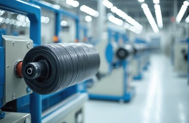 Fototapeta premium Industrial manufacturing process of fiber optic cables for telecommunication. Factory production line features spools of glowing optical fiber. Modern technology in clean facility, blue, white tones.
