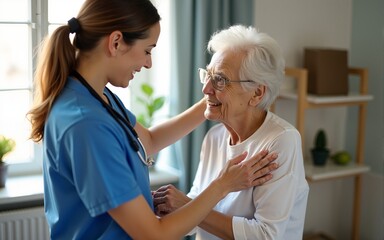 A home health care worker assists an elderly woman in her home. High quality