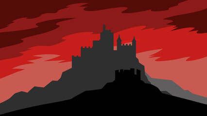 Fototapeta premium Background Scene of a Castle Ruin Silhouette Perched on a Hilltop Sunset