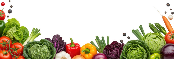 Fresh assorted vegetables including tomatoes lettuce cabbage peppers onions garlic and carrots transparent background