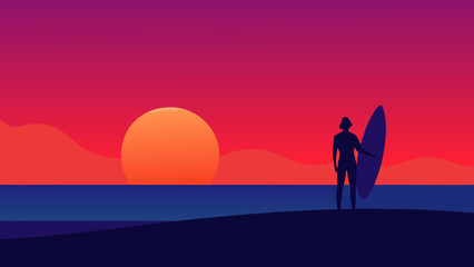 Fototapeta premium Background Scene of a Lone Surfer Silhouette at Sunset Ocean Beach Art