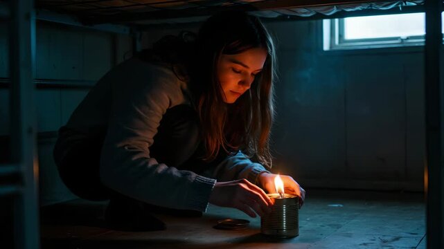 Woman Lighting a Match Under Train Floorboards