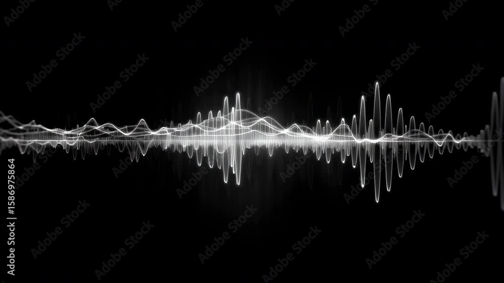 Poster detailed animation, white audio wave pulsating and visualizing sound on a black background, represen