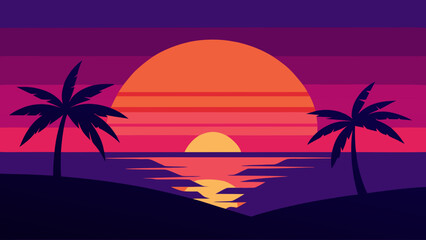 Vibrant Background Scene of a Tropical Evening Sunset with Colorful Palm Trees